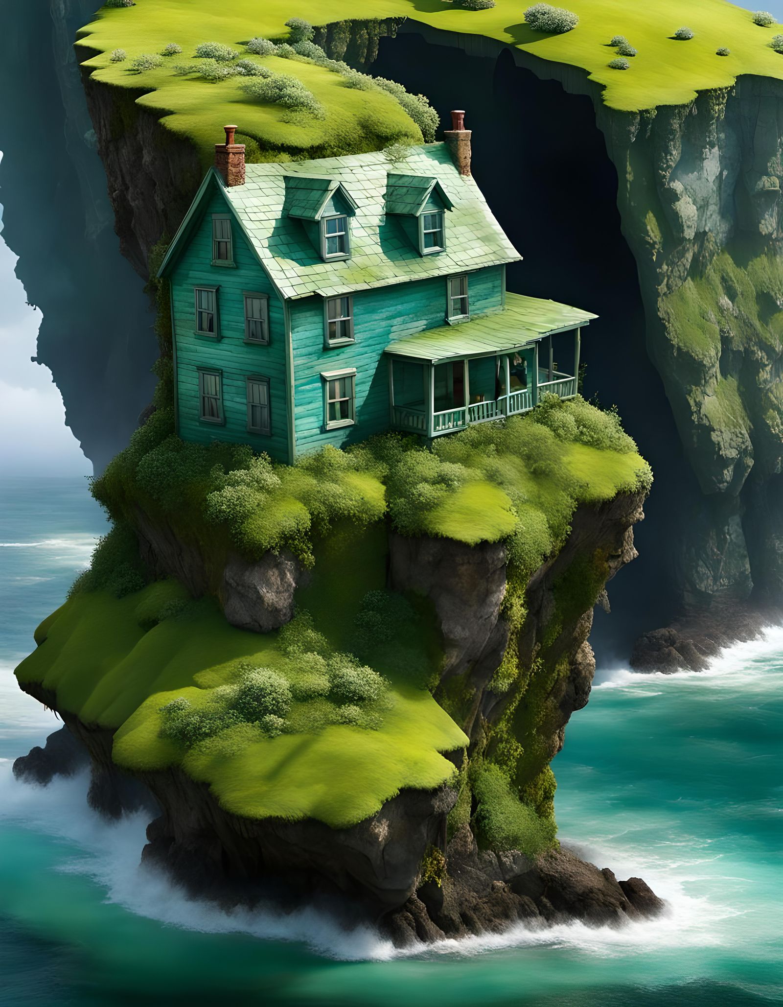 Whimsical Cliffside House in Alcohol Ink Watercolor
