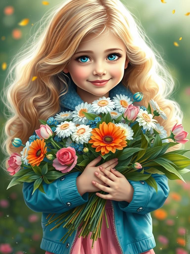 Blonde Girl with Flowers: Dreamy Digital Art