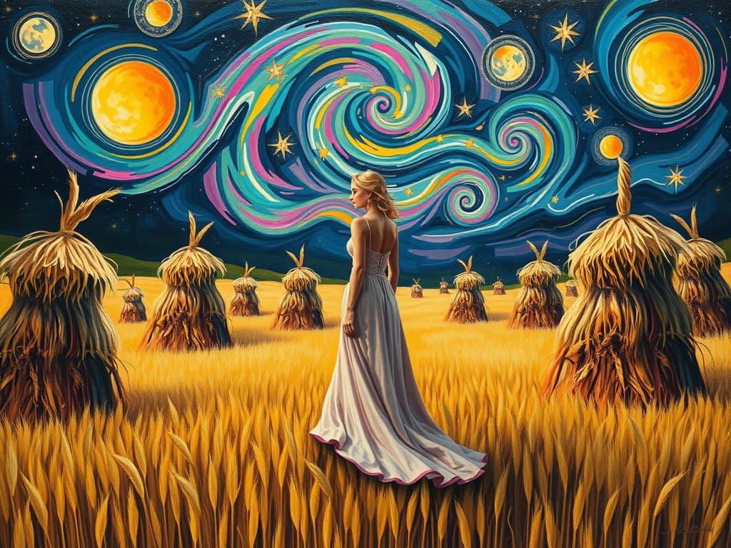 Surreal Starry Night Dreamscape with Chagall's Whimsy and Ho...