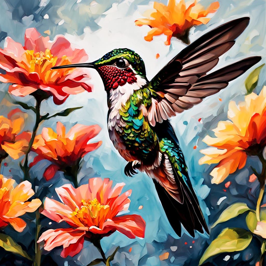 Hummingbird in Flight: Gouache Style Close-Up