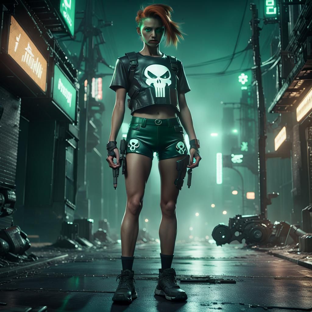 Misty with Punisher Shirt in Dark Sci-Fi City