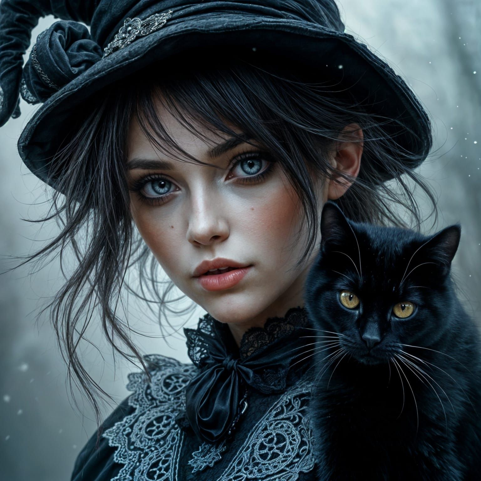 Gothic Witch Girl in Mystical Portrait with Black Cat