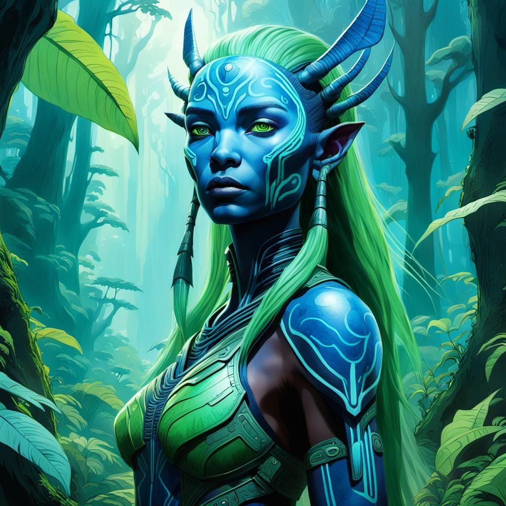 Blue Na'vi Warrior in Bioluminescent Forest