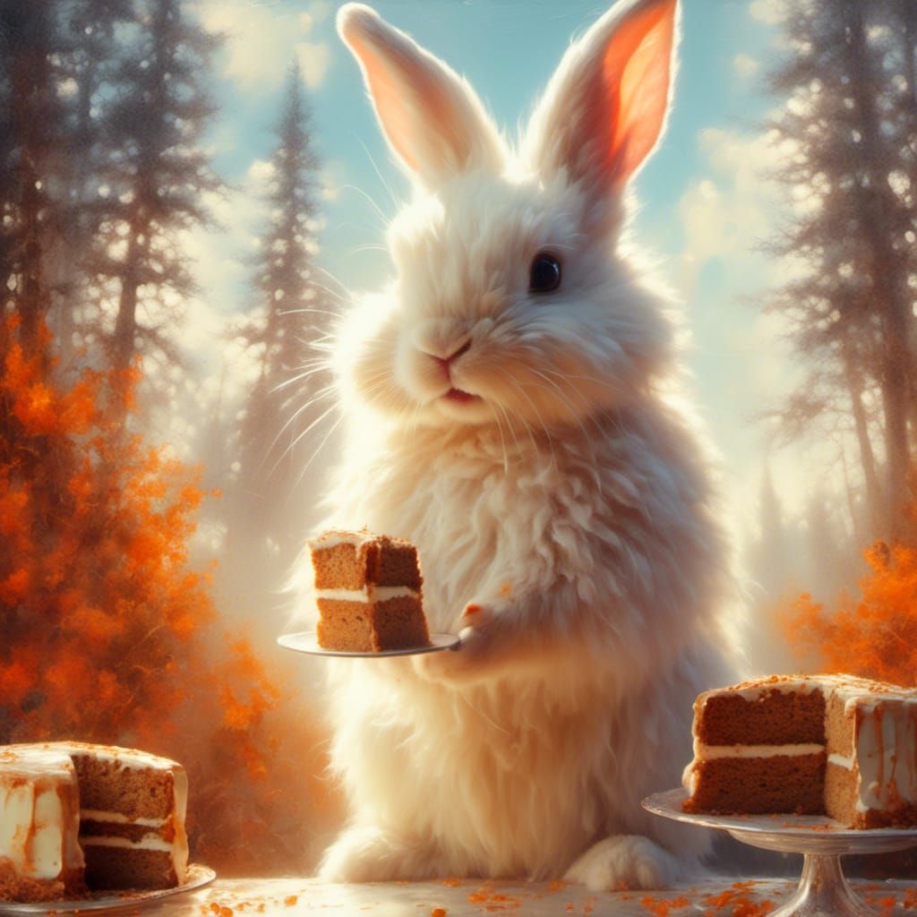 Cute Bunny with Carrot Cake Oil Painting