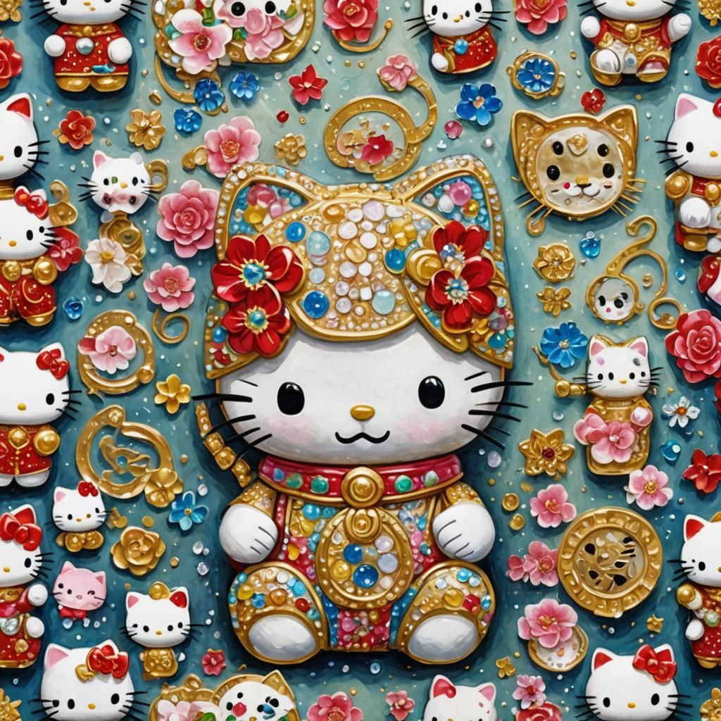 Rhinestone Hello Kitty Maneki Neko in Gouache Style