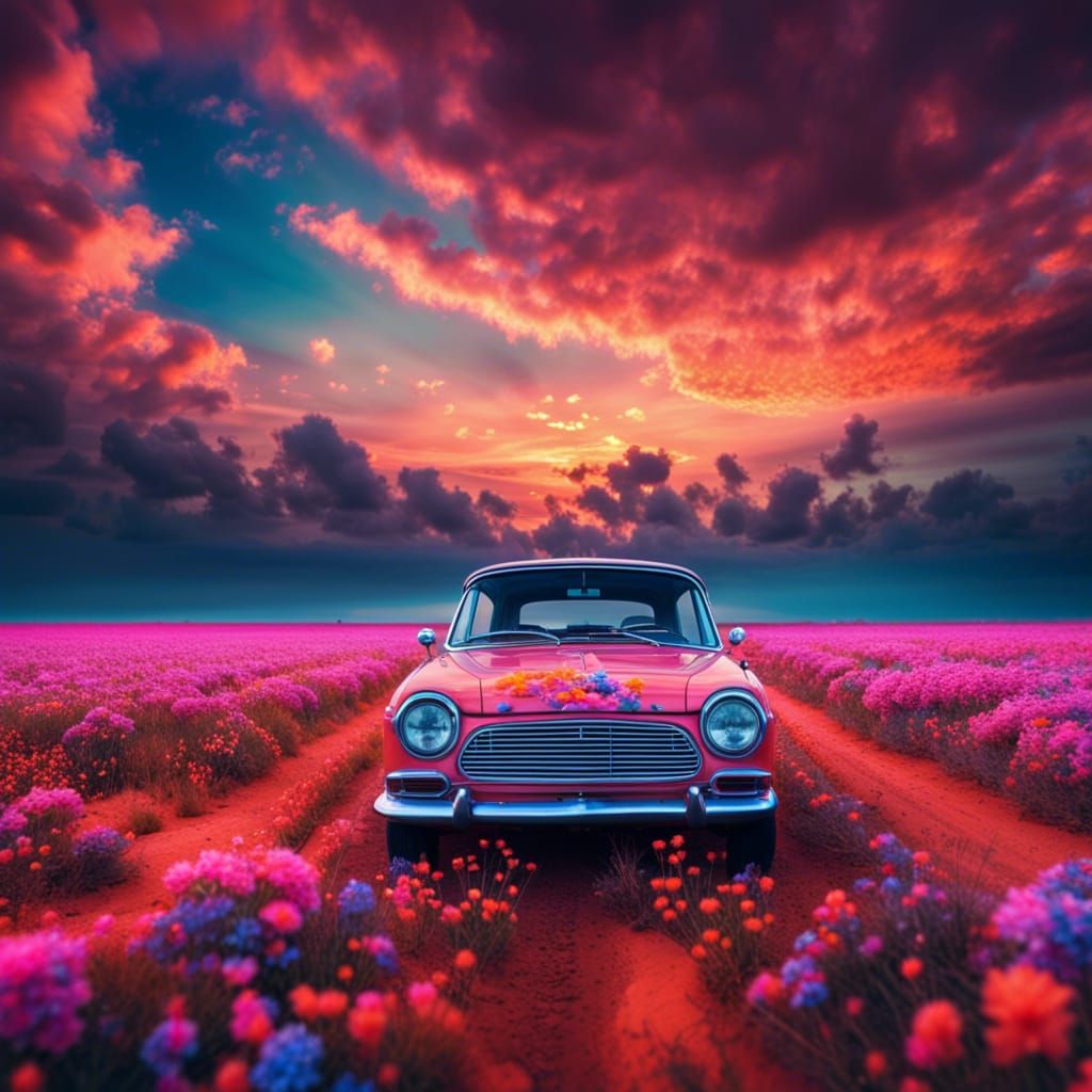 Hyperrealistic Car in Magical Flowery Landscape