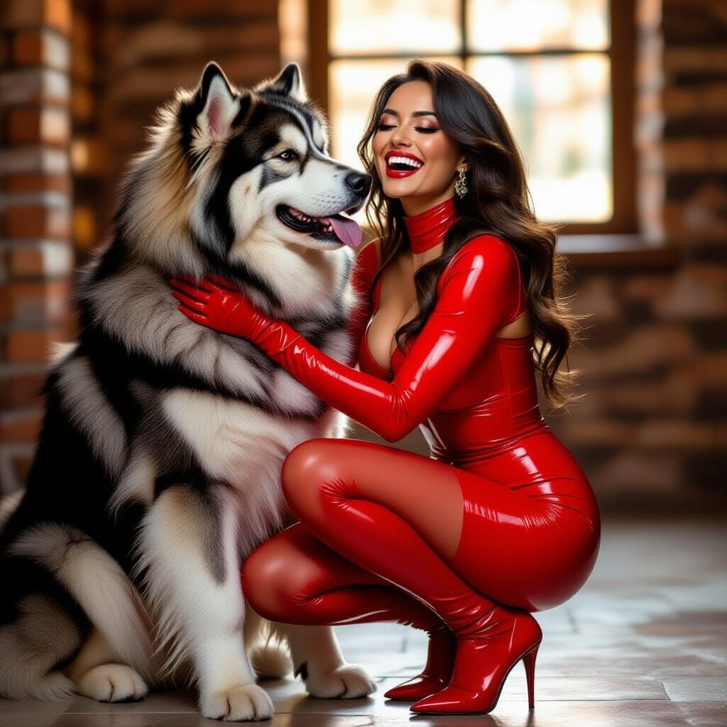 Woman in Red Latex Hugging a Tibetan Mastiff