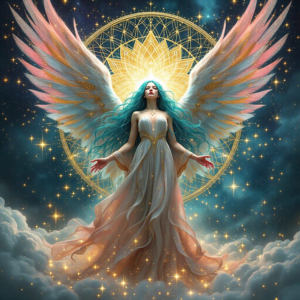 Ethereal Angelic Being Shines with Teal and Pink Hair Agains...