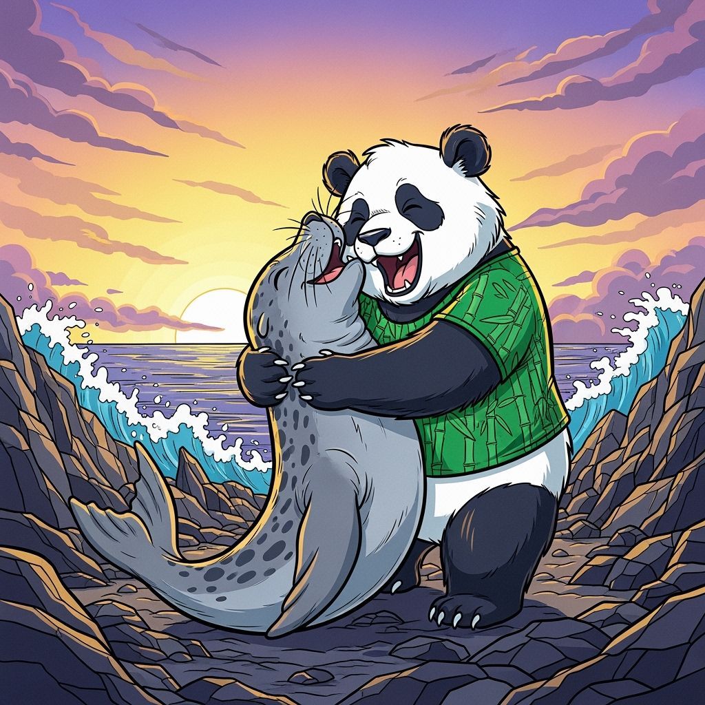 Panda and Seal Playful Headlock, Vibrant Digital Illustratio...