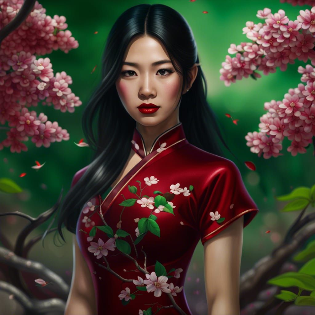 Asian Girl in Cherry Orchard: Hyperrealistic Portrait