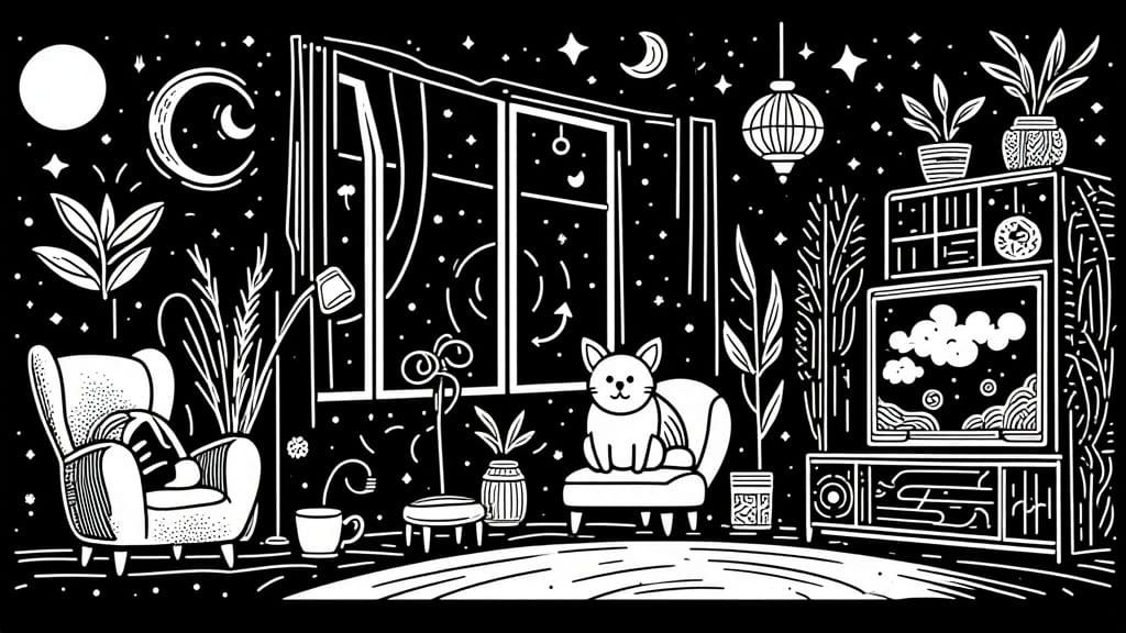 Cozy Dark Room with Cat in Cartoon Style