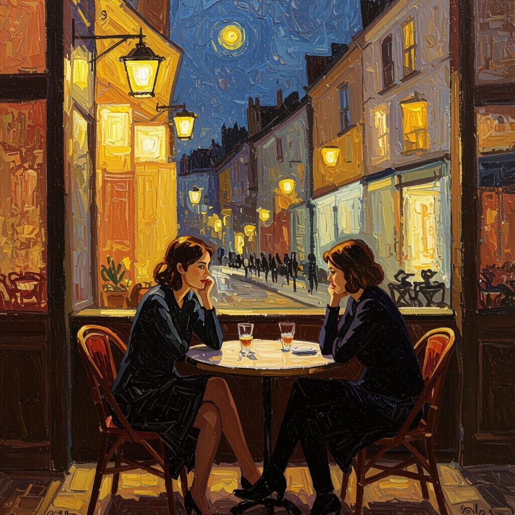 Night Cafe Scene in Impressionist Style