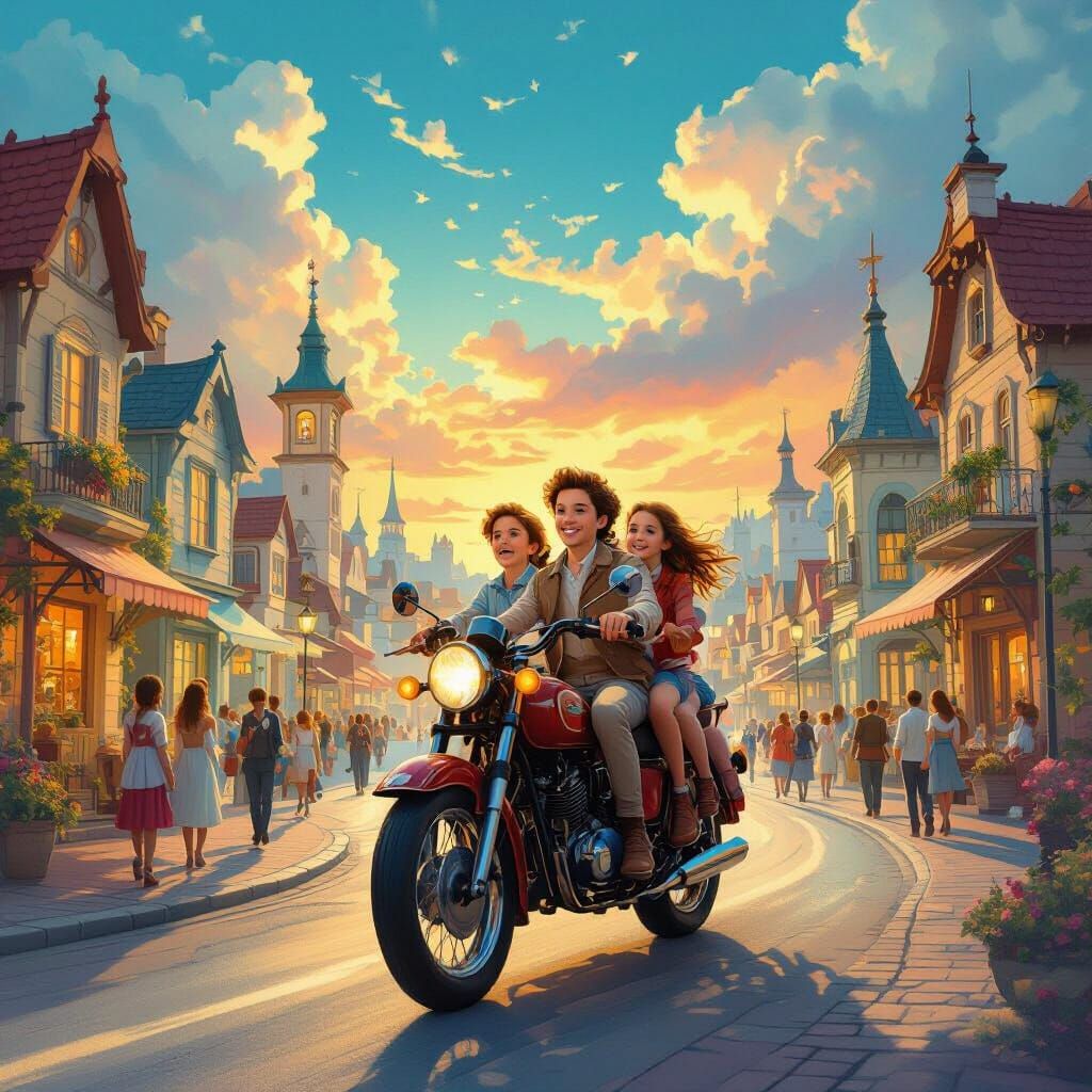 Dreamy Town Ride: Cousins on Vintage Motorcycle Under Surrea...