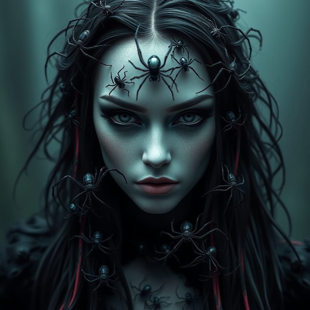 Gothic Spiderwoman with Spiders, Dark Fantasy Art