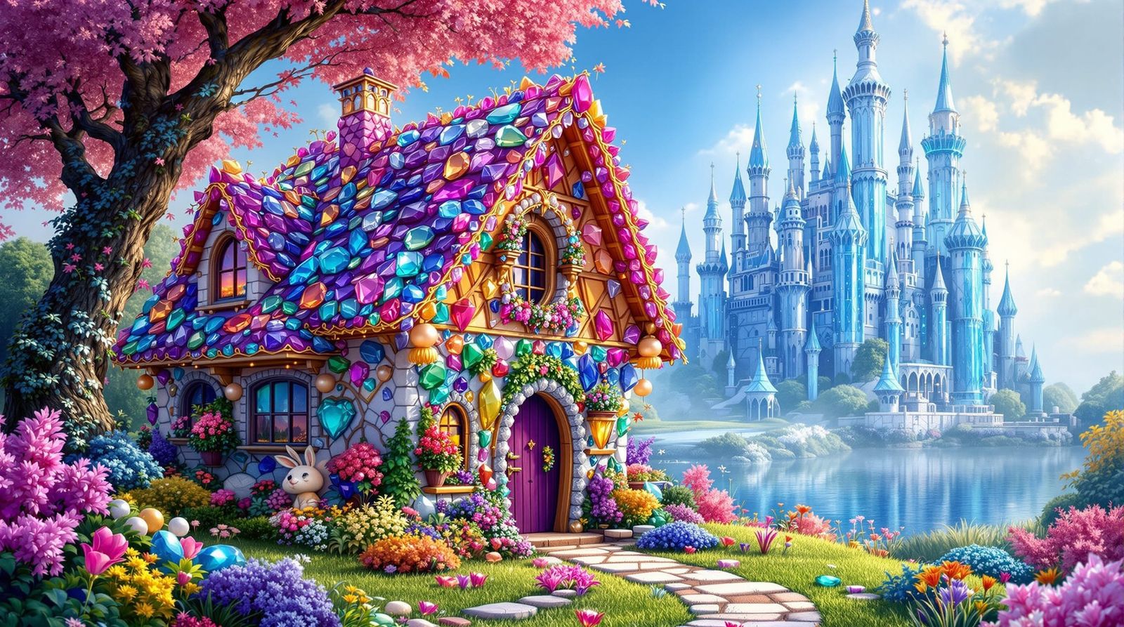Whimsical Gemstone Cottage with Fairy-Tale Castle
