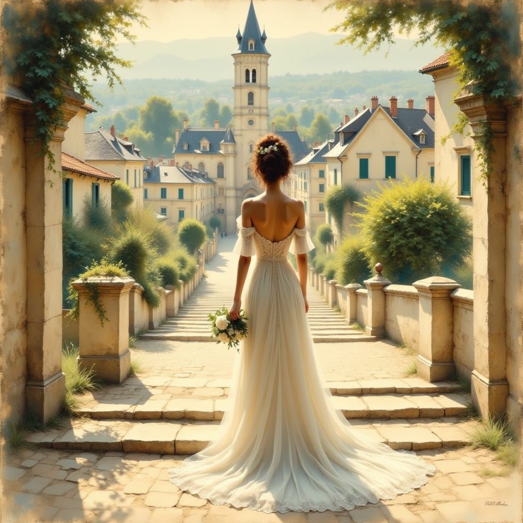 Parisian Bride on Marble Steps as Impressionist Painting