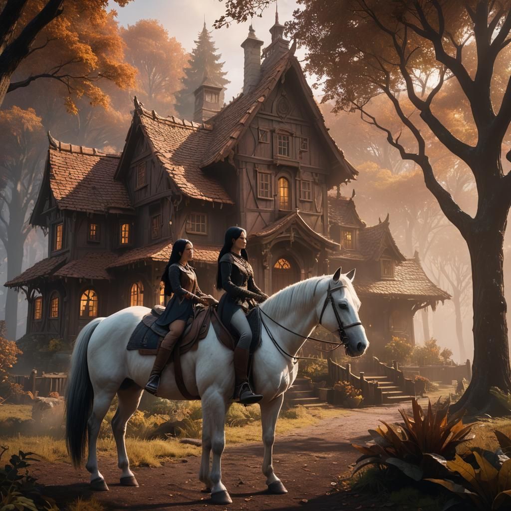 Girl with Bicolor Hair on Horse in Fantasy Scene