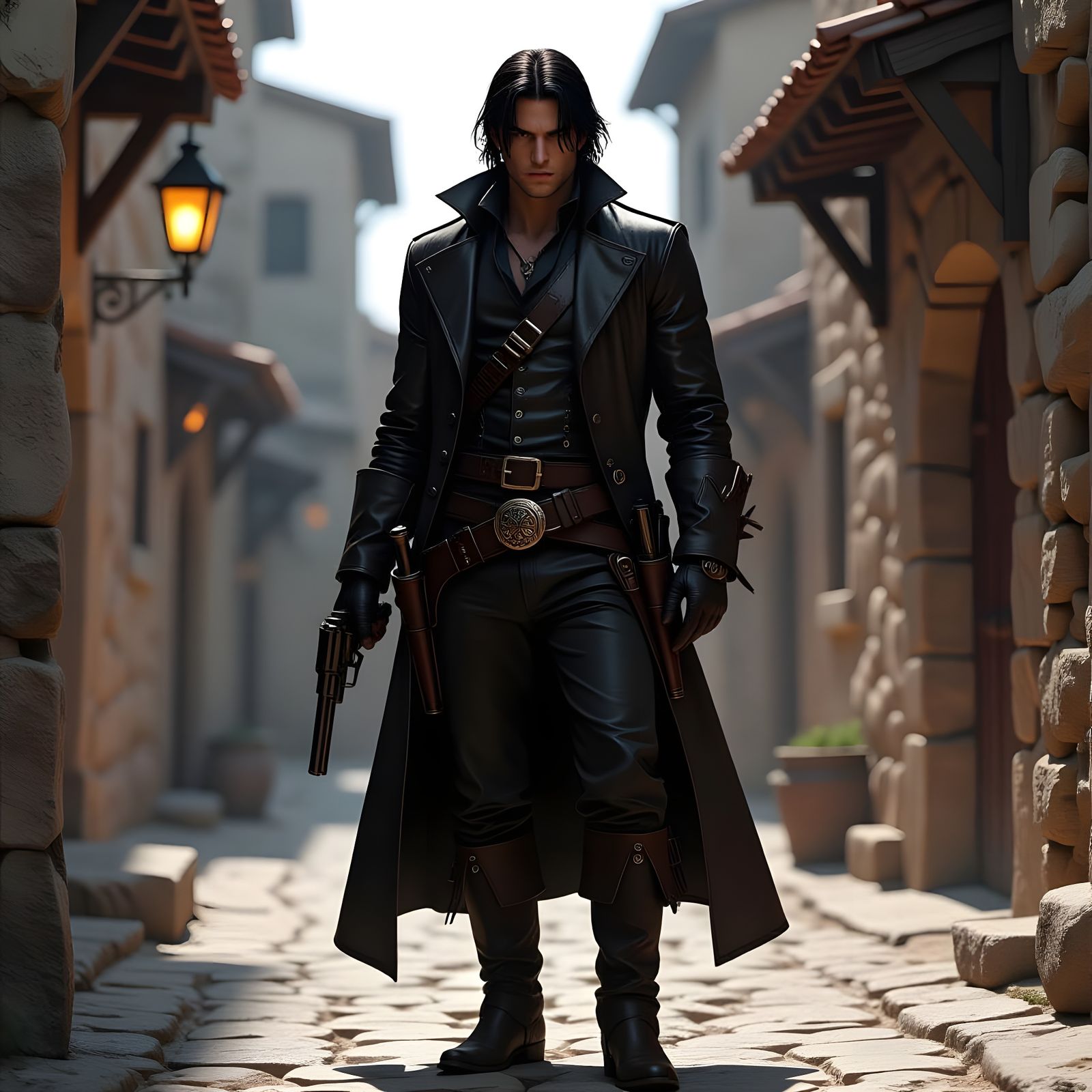 Male Gunslinger in Medieval Town Alley