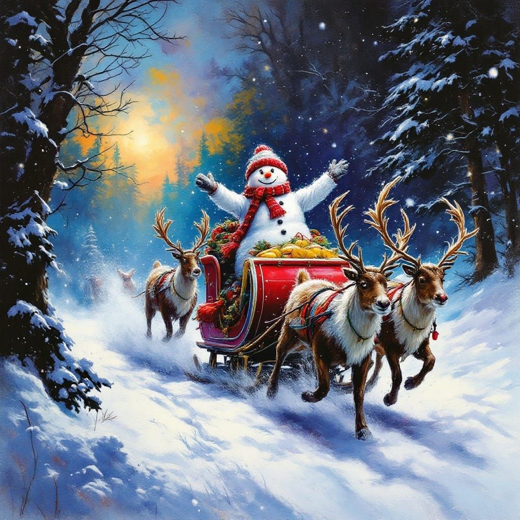 Festive Snowman Rides in Winter Wonderland Scene in Charcoal...