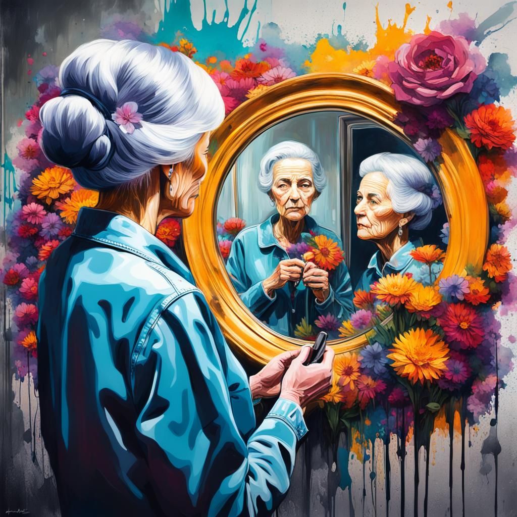 Surreal Double Exposure: Woman Reflecting Old Age in Graffit...