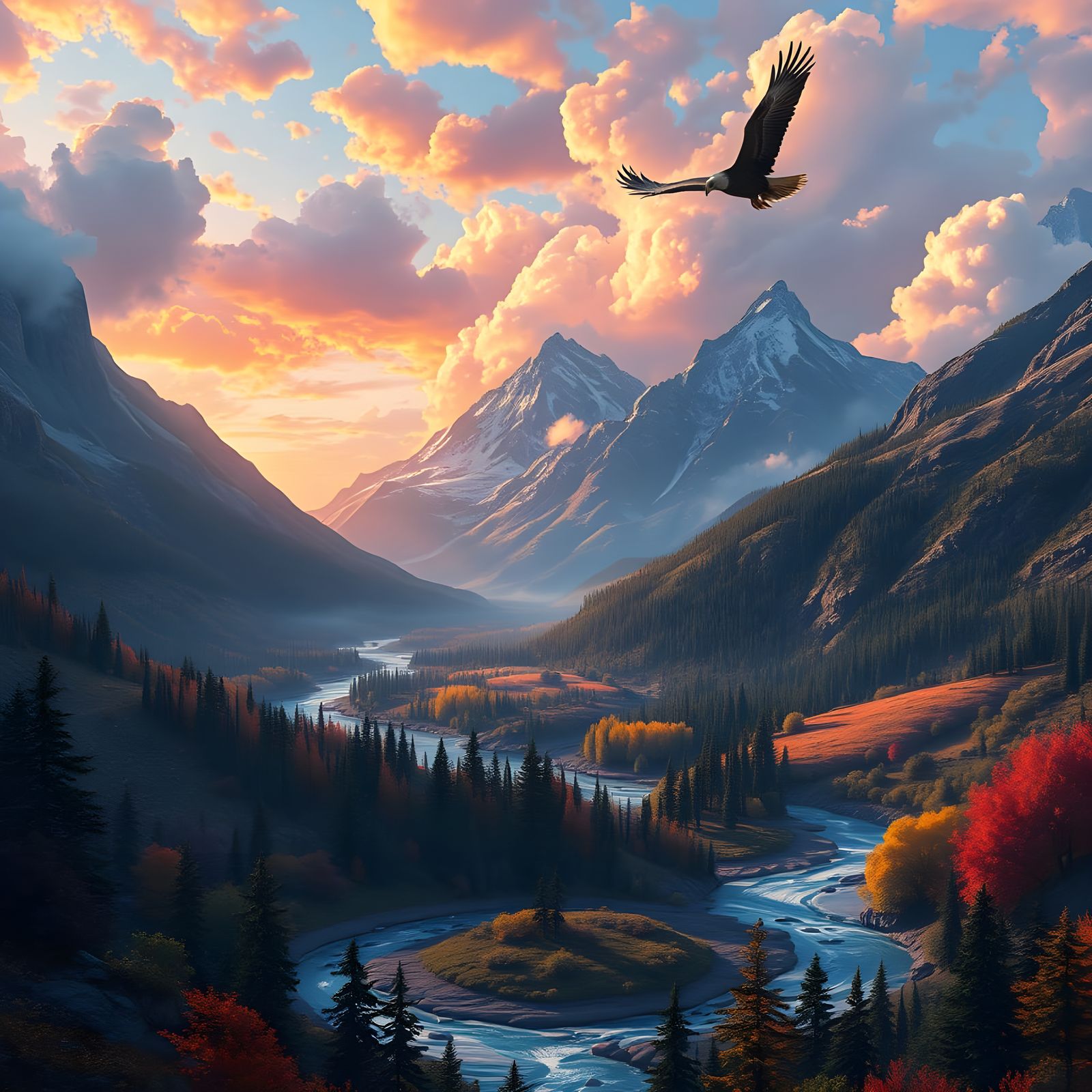 Brightly Colored Mountain Landscape with Eagles