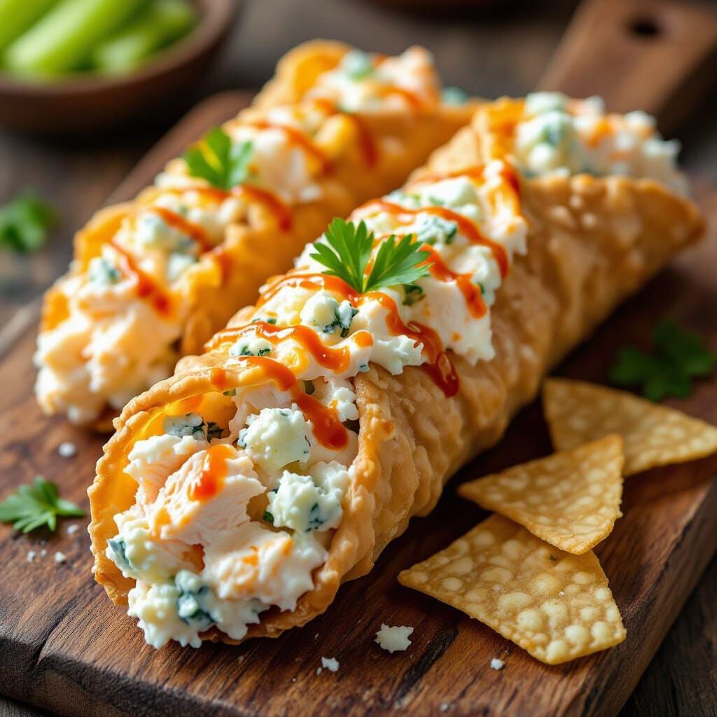 Buffalo Chicken Dip Cannoli on Rustic Board
