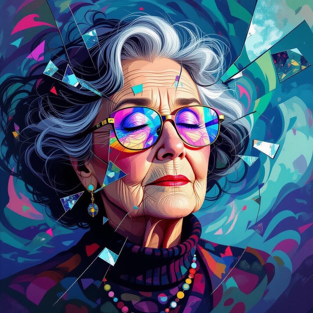 Elegant Elderly Woman in Shimmering Glitch Art