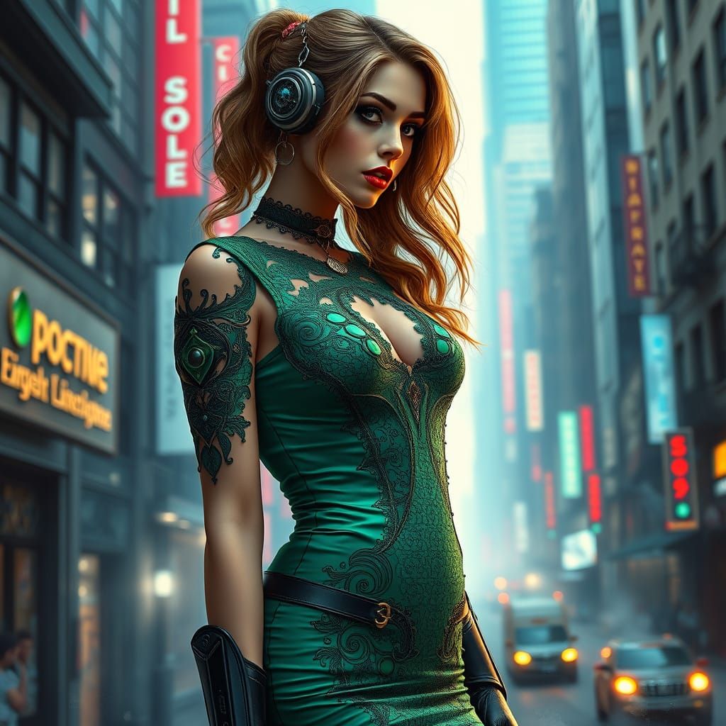 Elegant Steampunk Woman in Emerald Cyberpunk Cityscape