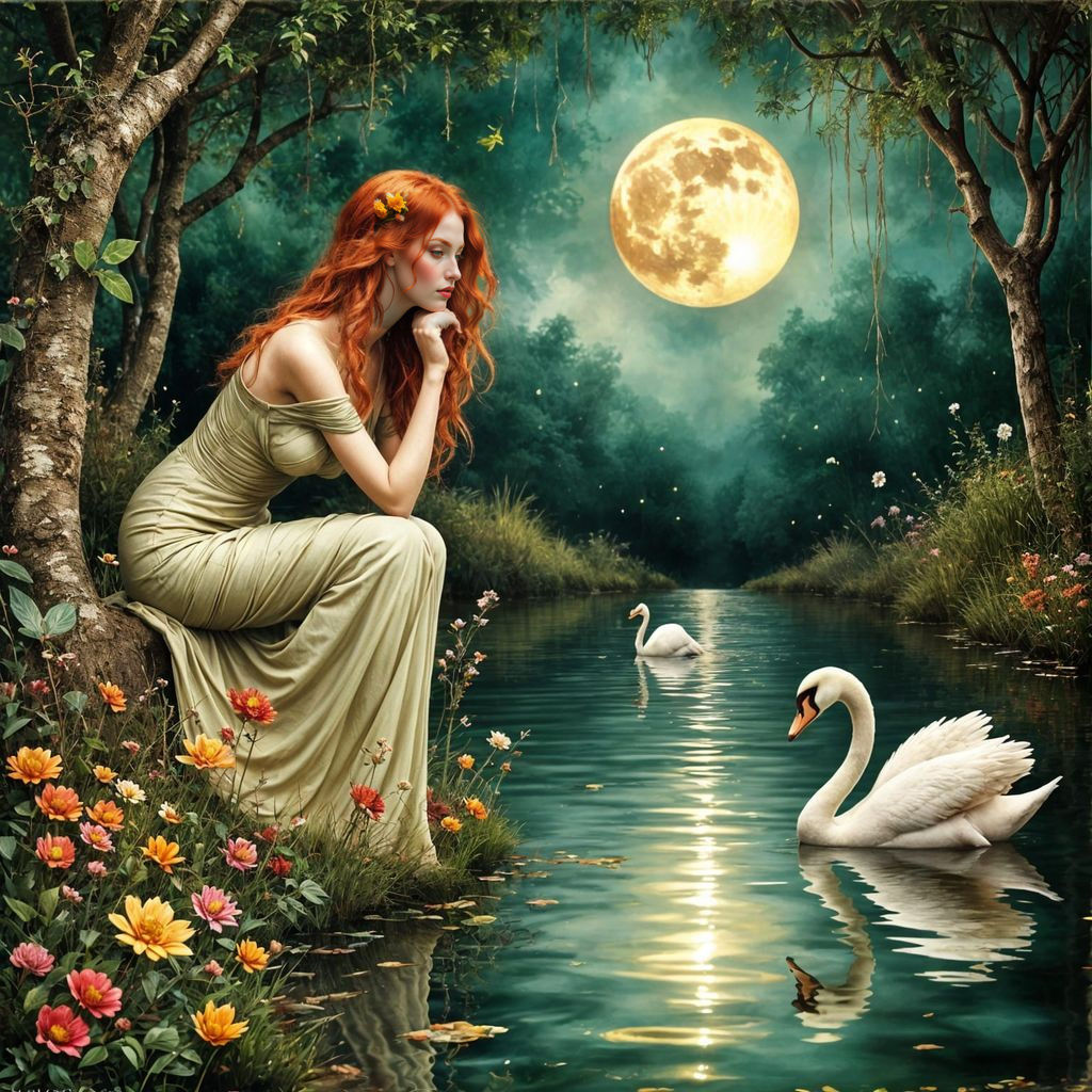 Red-Haired Woman Reflecting in Pond, Holographic Illustratio...