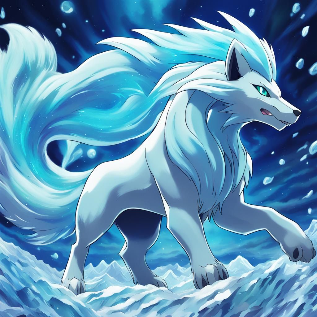 Alolan Ice Ninetales in Anime Cel-Shaded Style