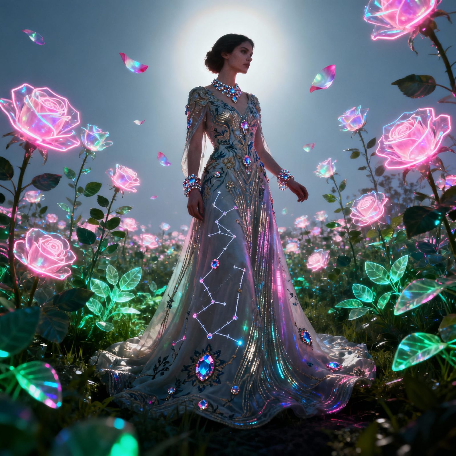 Elegant Woman in Luminous Rose Field, Futuristic Serenity