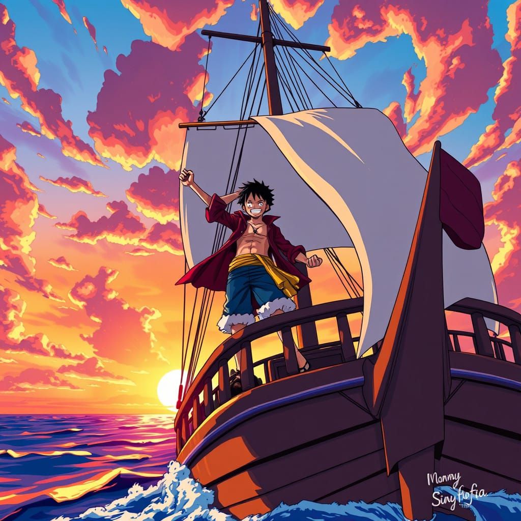 Pirate Captain Luffy Sails into Vibrant Sunset