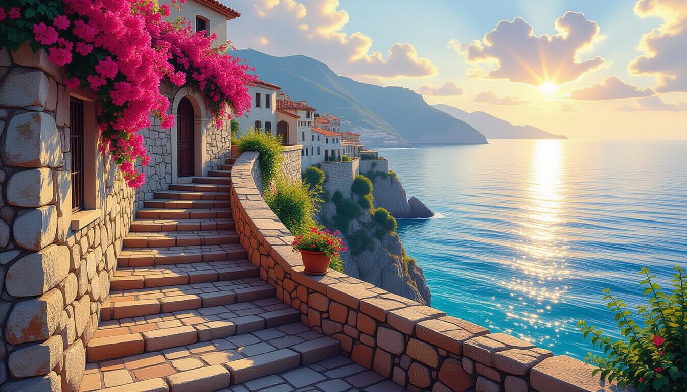 Mediterranean Staircase Overlooking Azure Sea