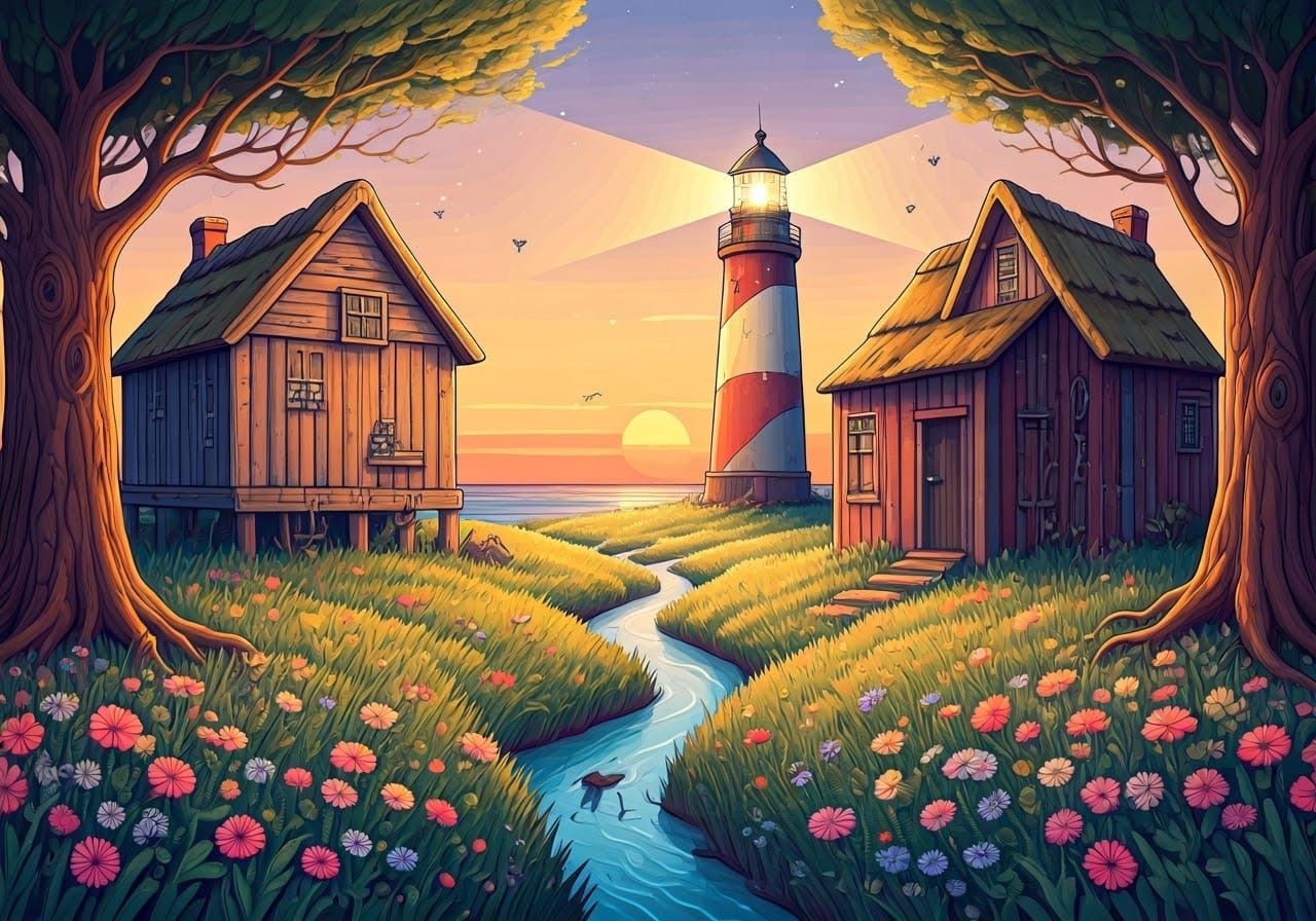 Surreal Lighthouse Scene in Pastel Watercolor Style