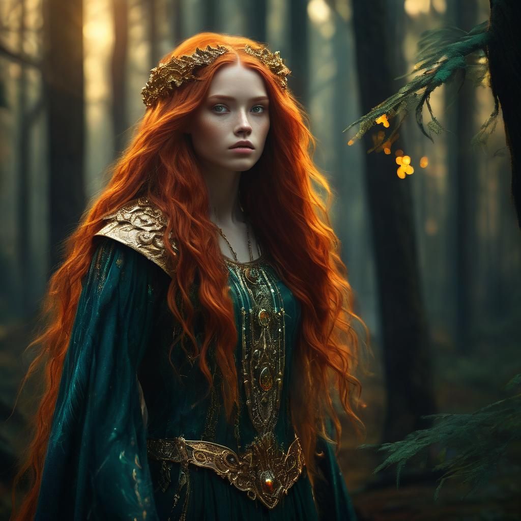 Red-Haired Girl in Forest: A Digital Matte Painting