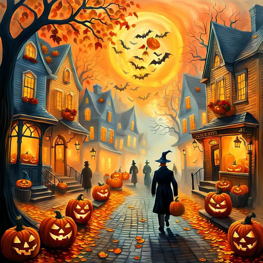 Halloween Town in Van Gogh Style with Eerie Lighting