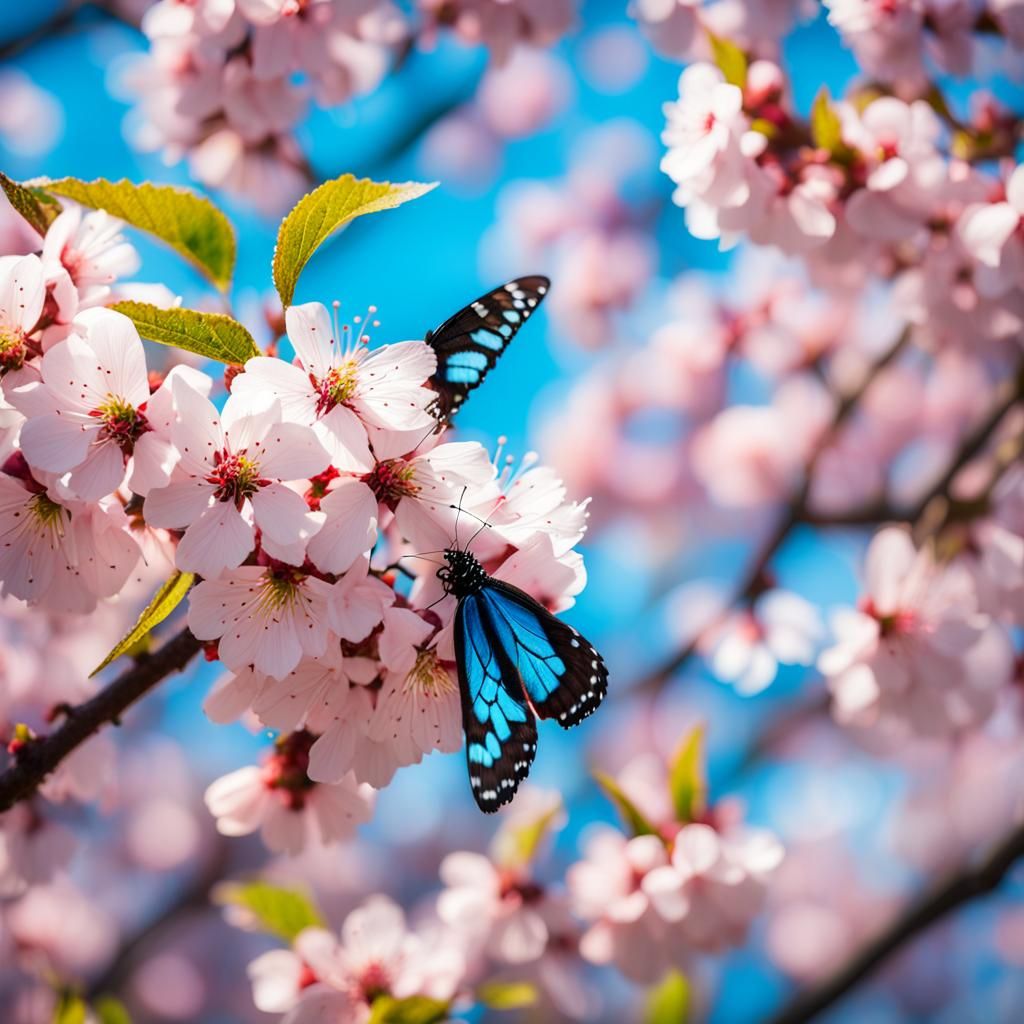 Cherry Trees and Blue Butterflies Photography