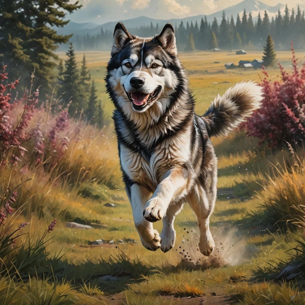 Alaskan Malamute Running in Pasture: Hyperrealistic Splash A...