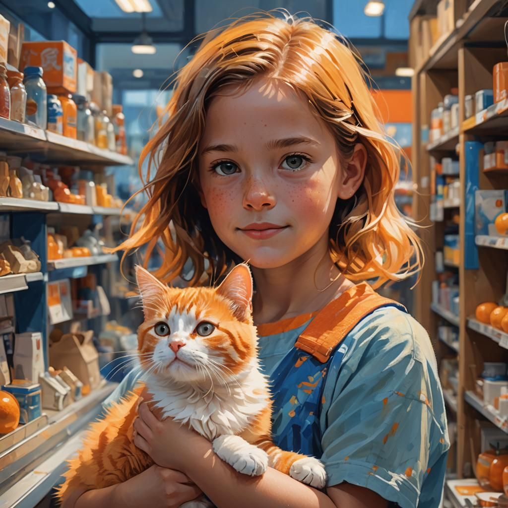 Girl with Cat Portrait in Art Nouveau Style