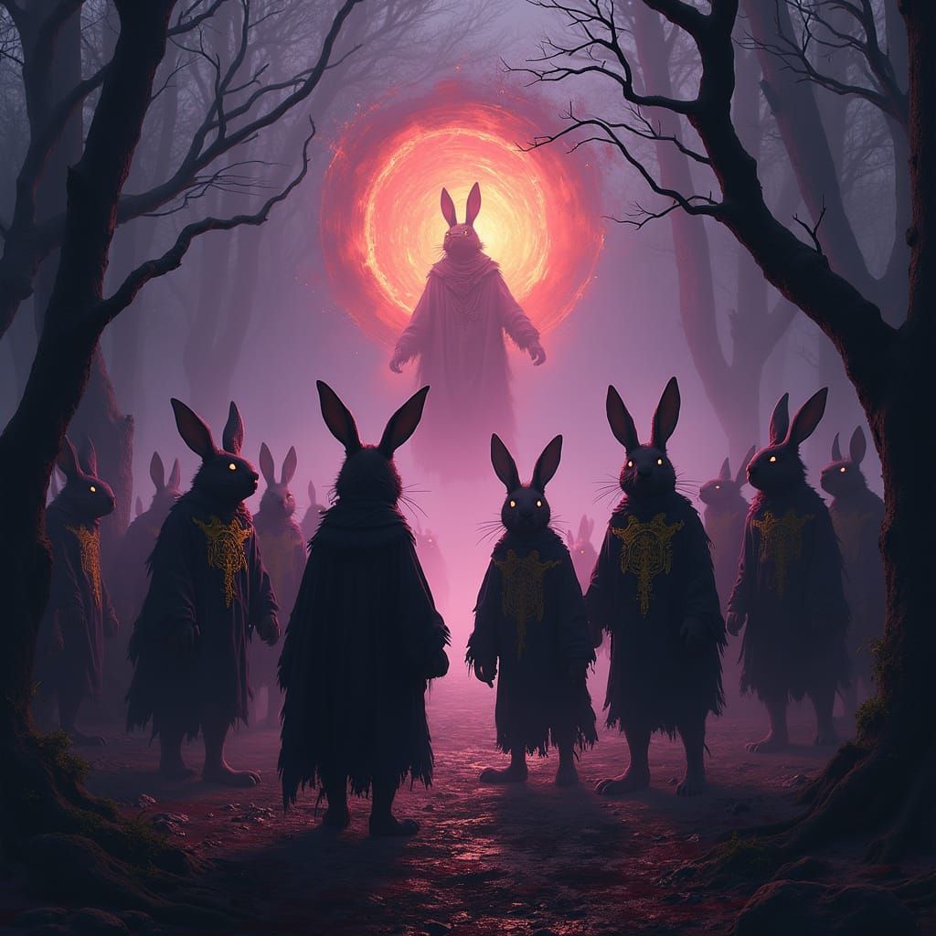 Evil rabbits worshipping Satan in the blood covered woods