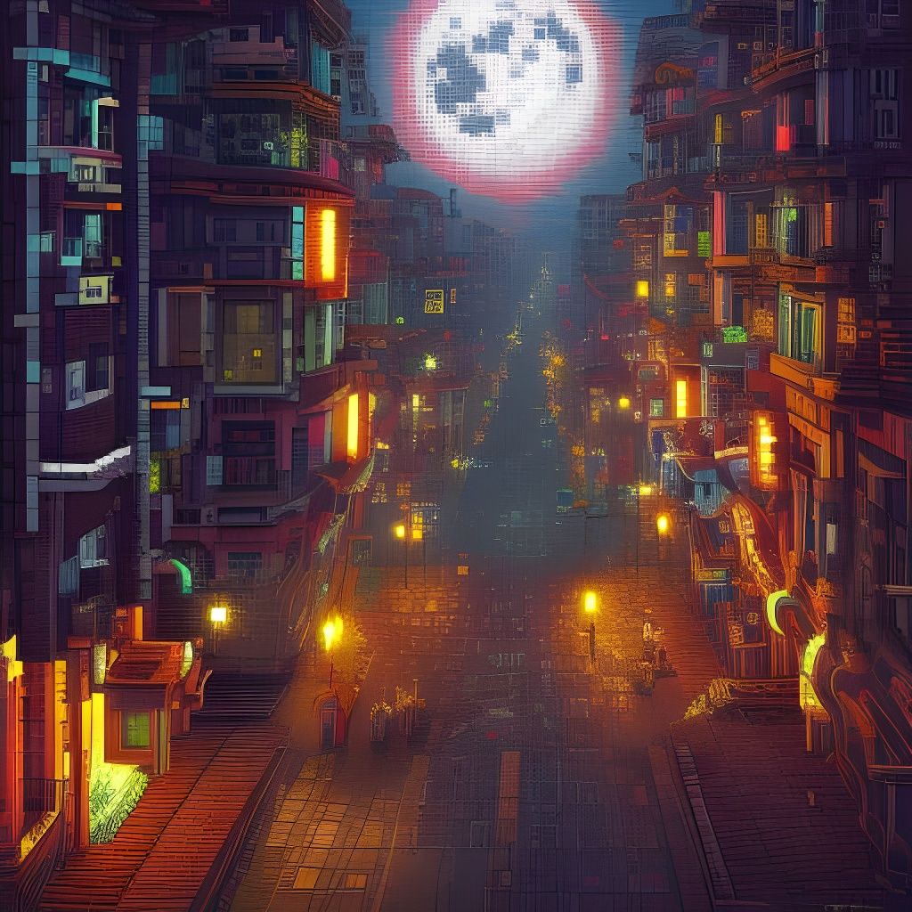 Cyberpunk City Pixel Art Moonscape in Studio Ghibli Style