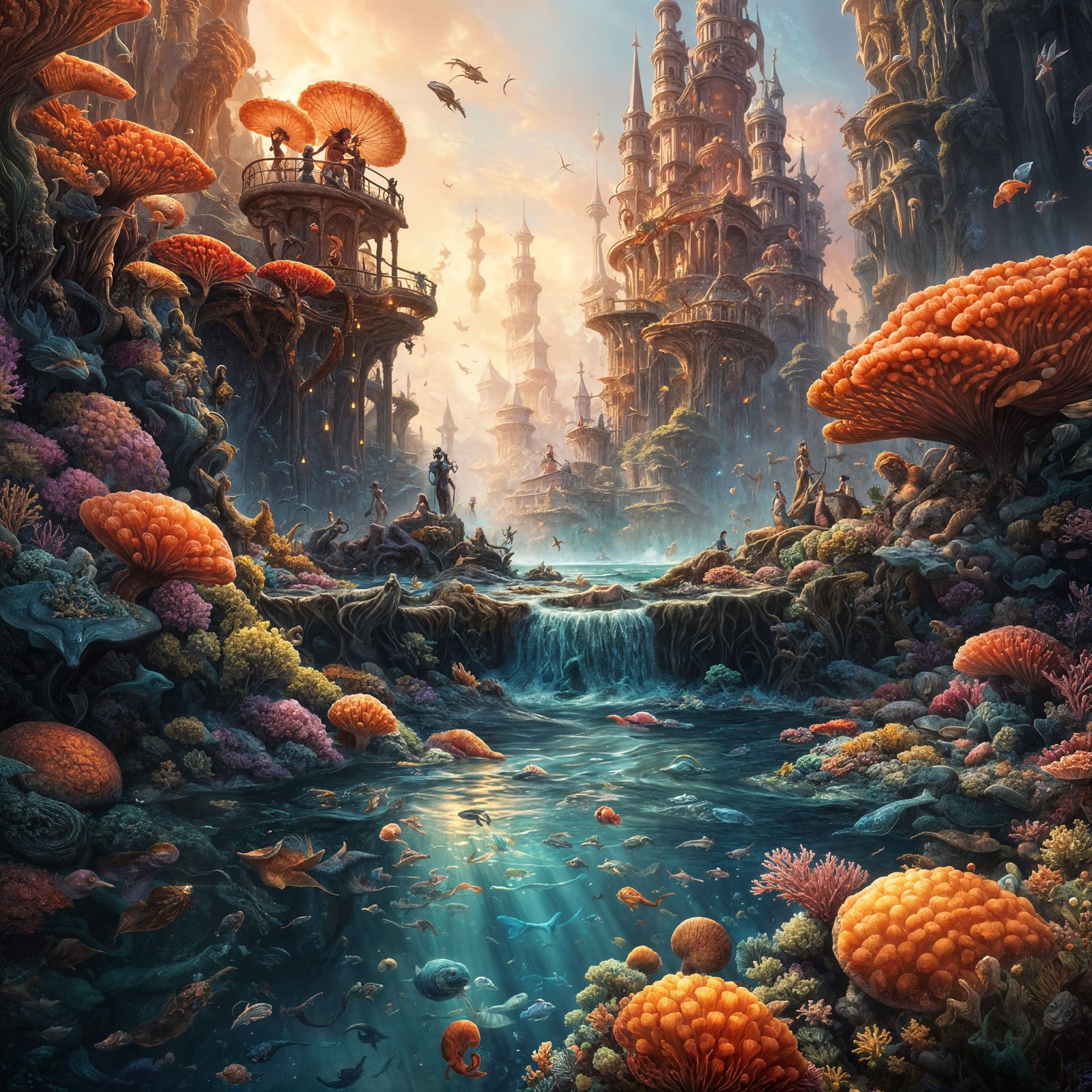 Fantastical Ocean Kingdom with Mermaids and Colorful Coral