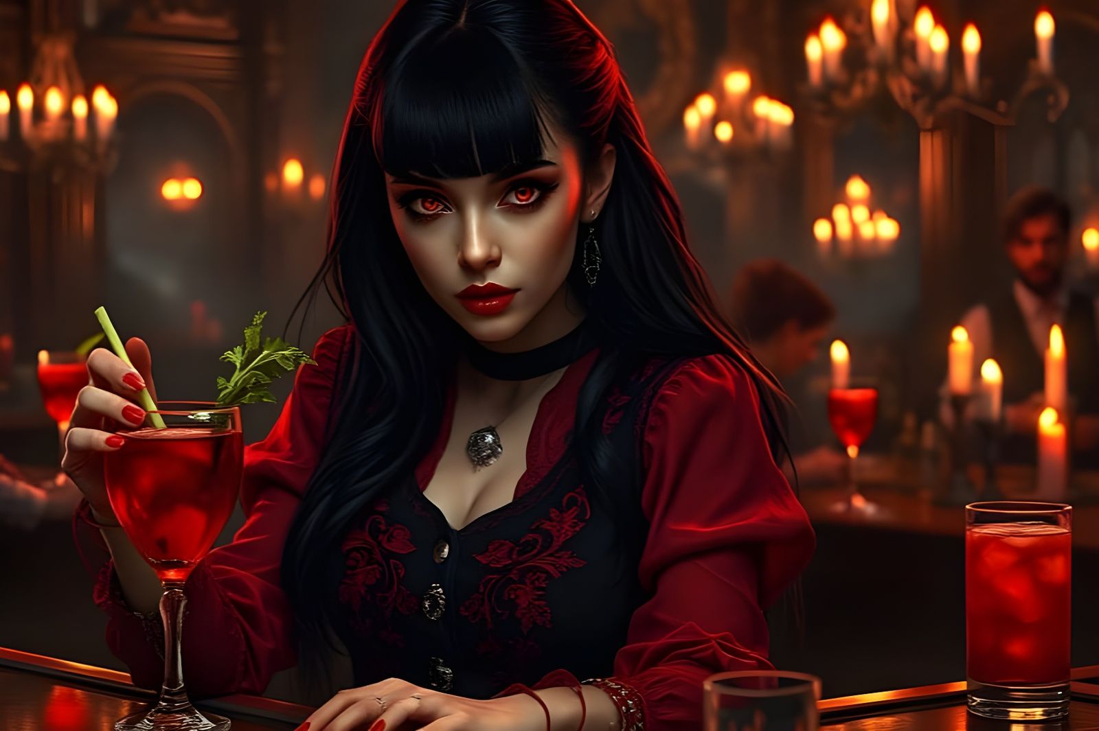 Ethereal Vampire Bartender in Dark, Atmospheric Bar Scene