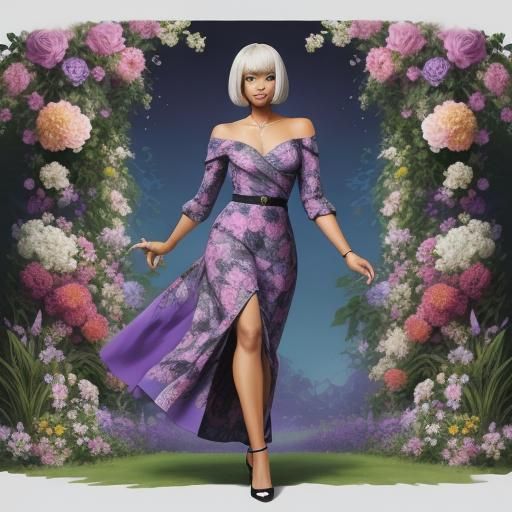 Chibi Woman in Flower Garden, Airbrush Illustration