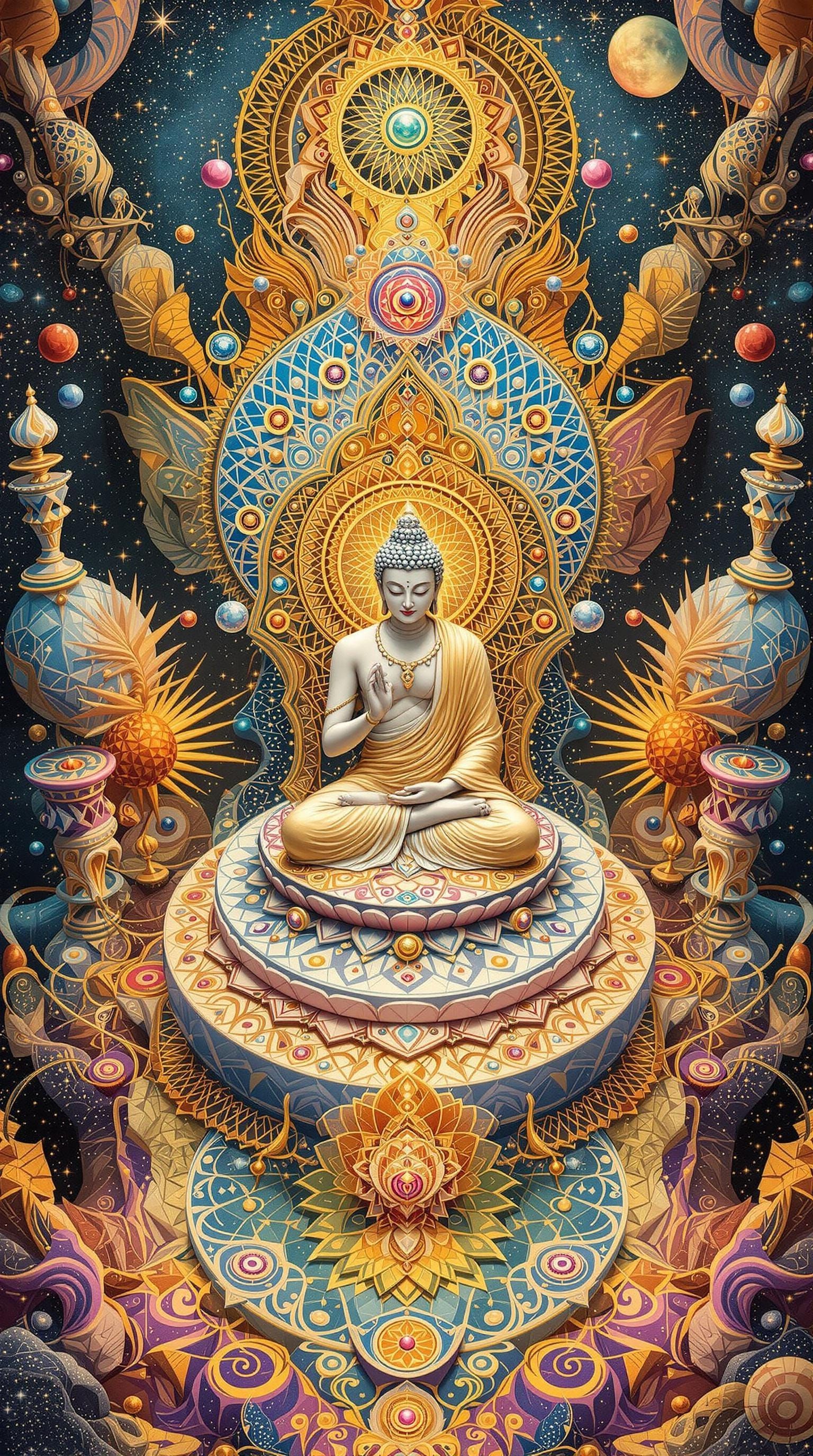 Surreal Buddha on Lotus Throne in Psychedelic Art