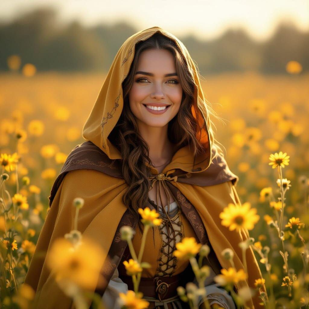 Kind Medieval Witch in Golden Flower Field