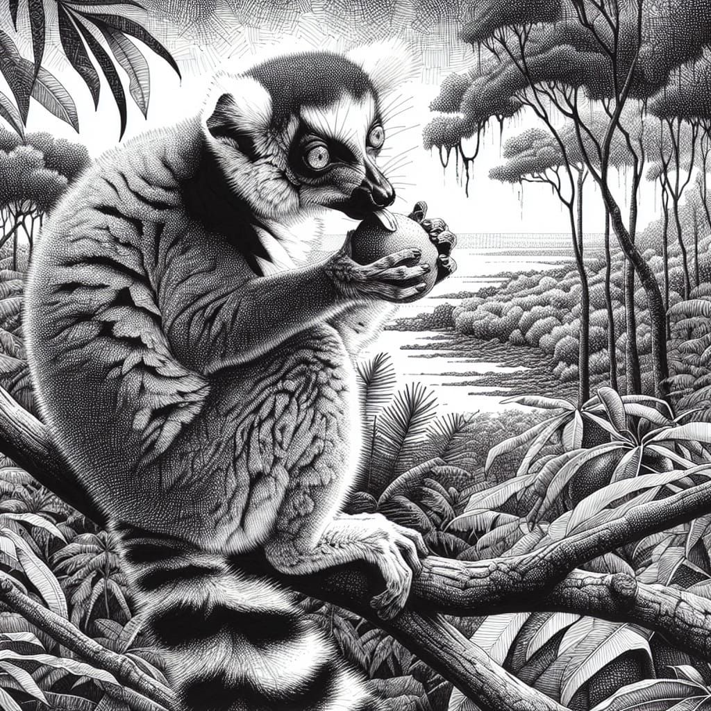 Lemur Eating Mango in Jungle, Crosshatch Pen Drawing