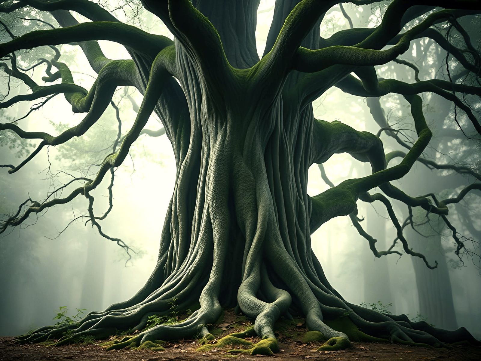 Majestic Ancient Tree in Misty Enchanted Forest