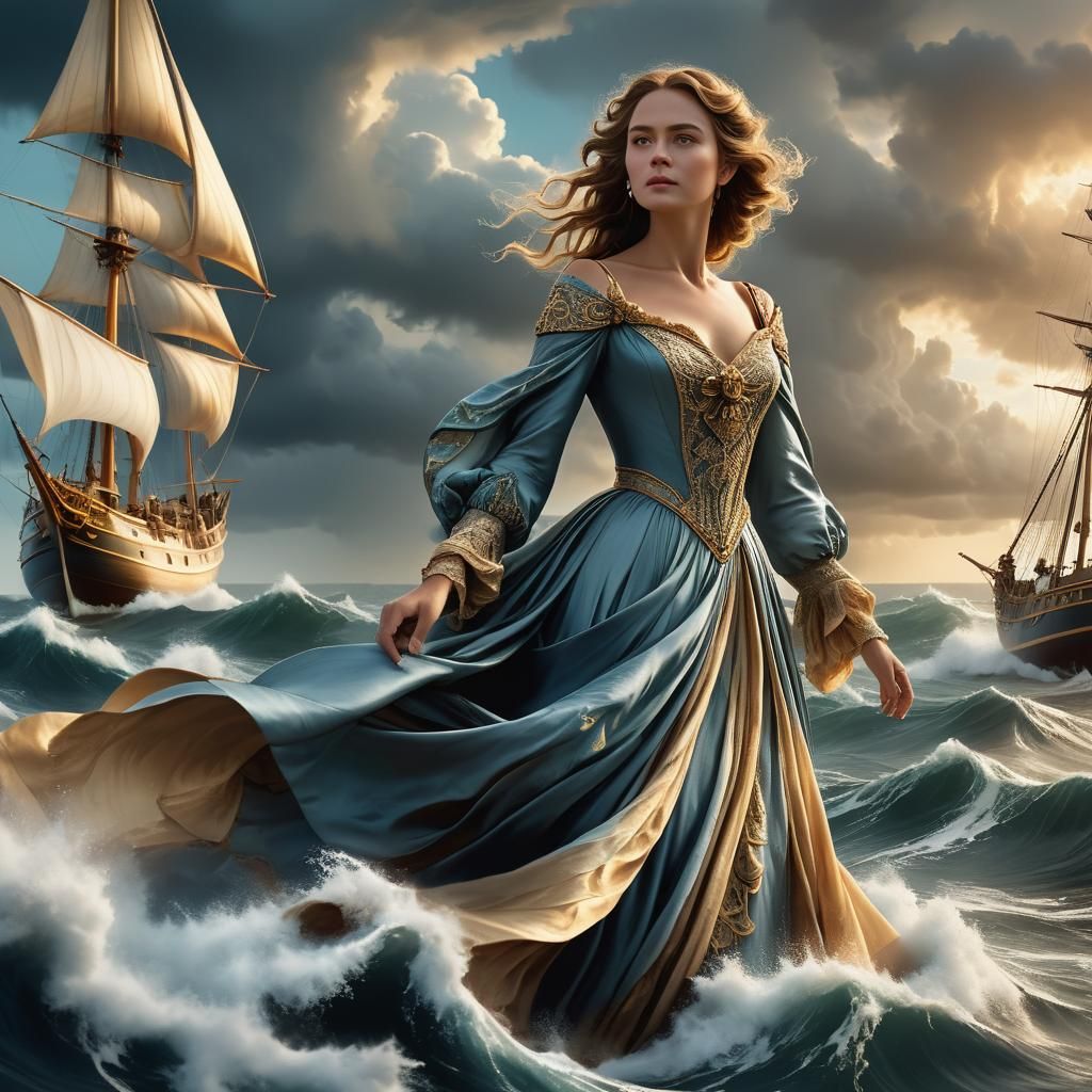 Ocean Goddess Wears Wave Dress in Digital Painting