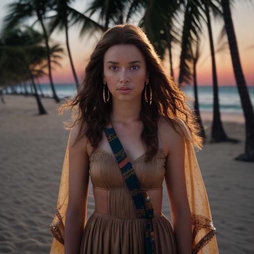 Woman in Gown on Honolulu Beach at Sunset